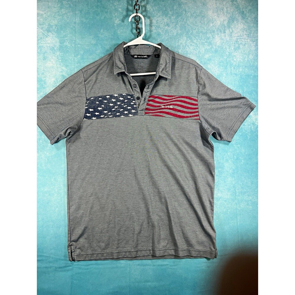 Travis Mathew Men’s L Gray USA Flag Graphic Print Knit Button Polo Shirt